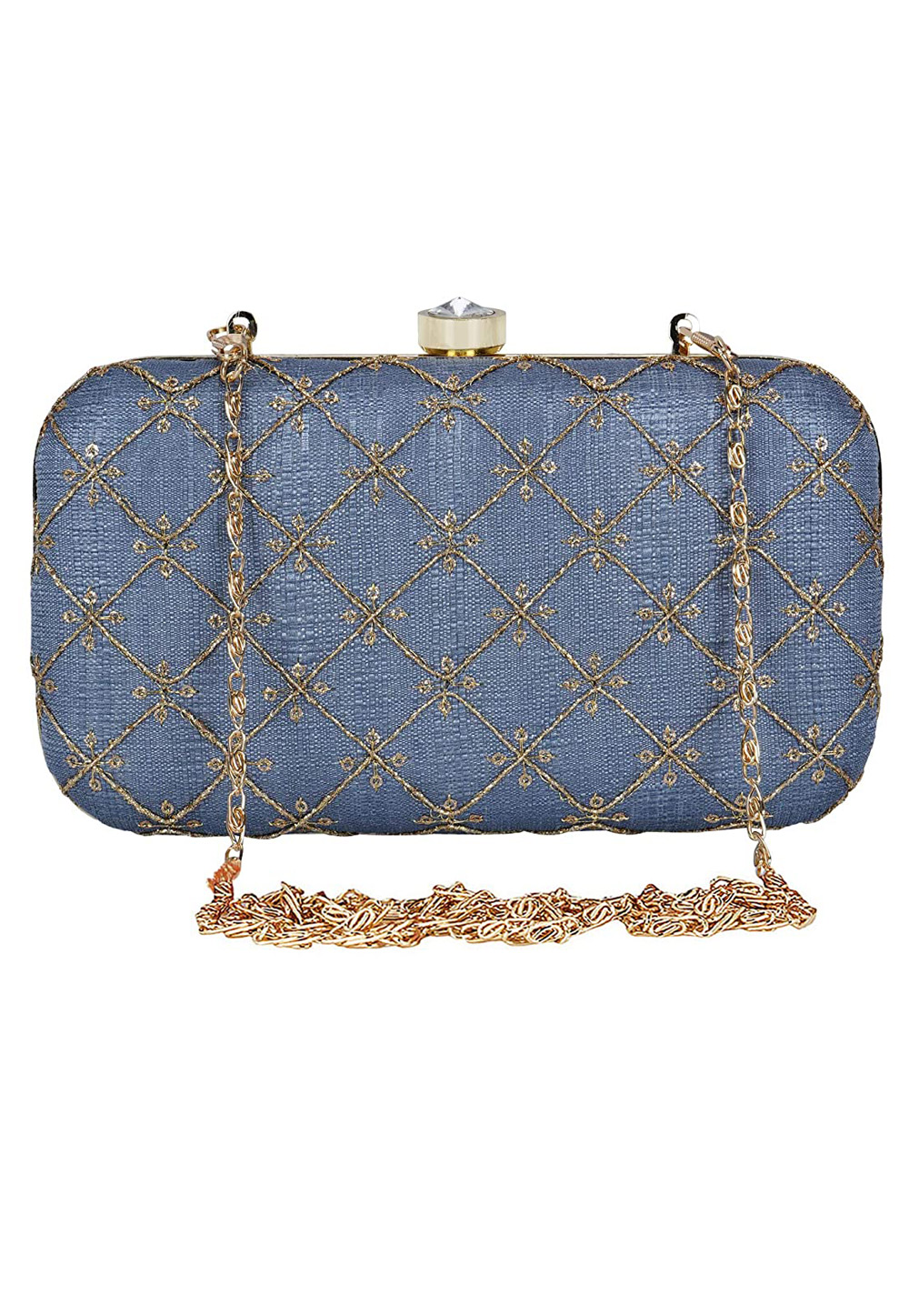 Blue Synthetic Embroidered Clutch 225802