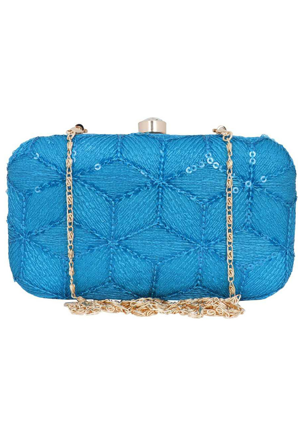 Sky Blue Synthetic Embroidered Clutch 225804