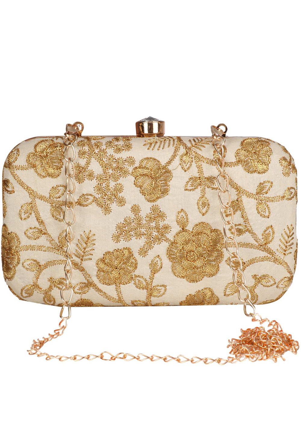Beige Synthetic Embroidered Clutch 225805