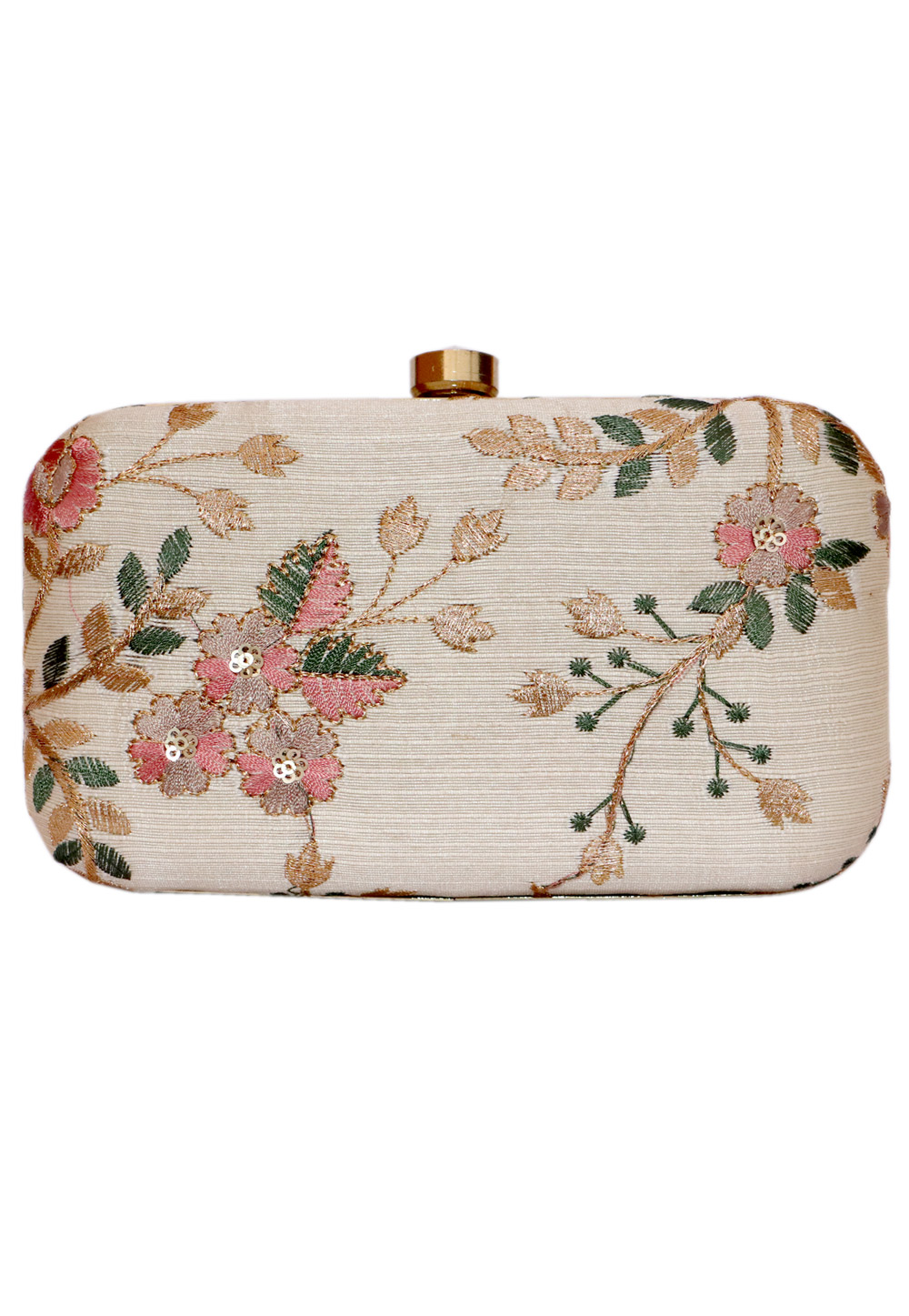 Beige Synthetic Embroidered Clutch 225806