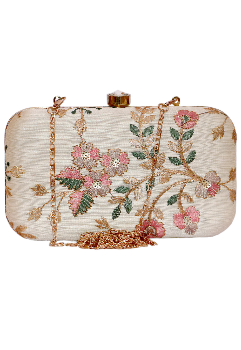Beige Synthetic Embroidered Clutch 225807