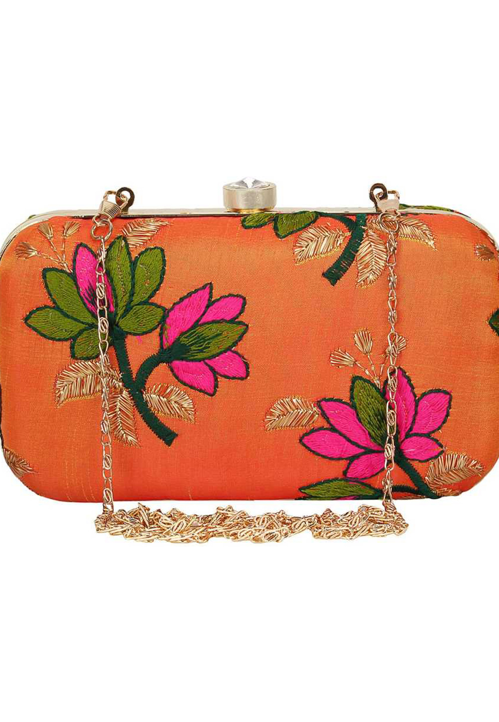 Orange Synthetic Embroidered Clutch 225818