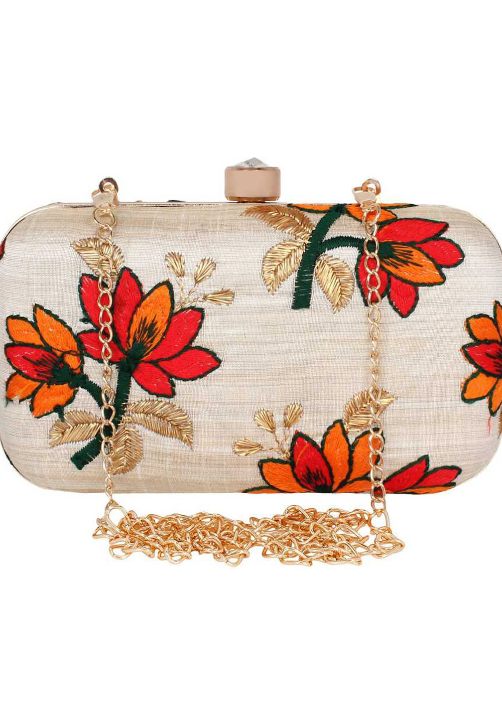 Beige Synthetic Embroidered Clutch 225819