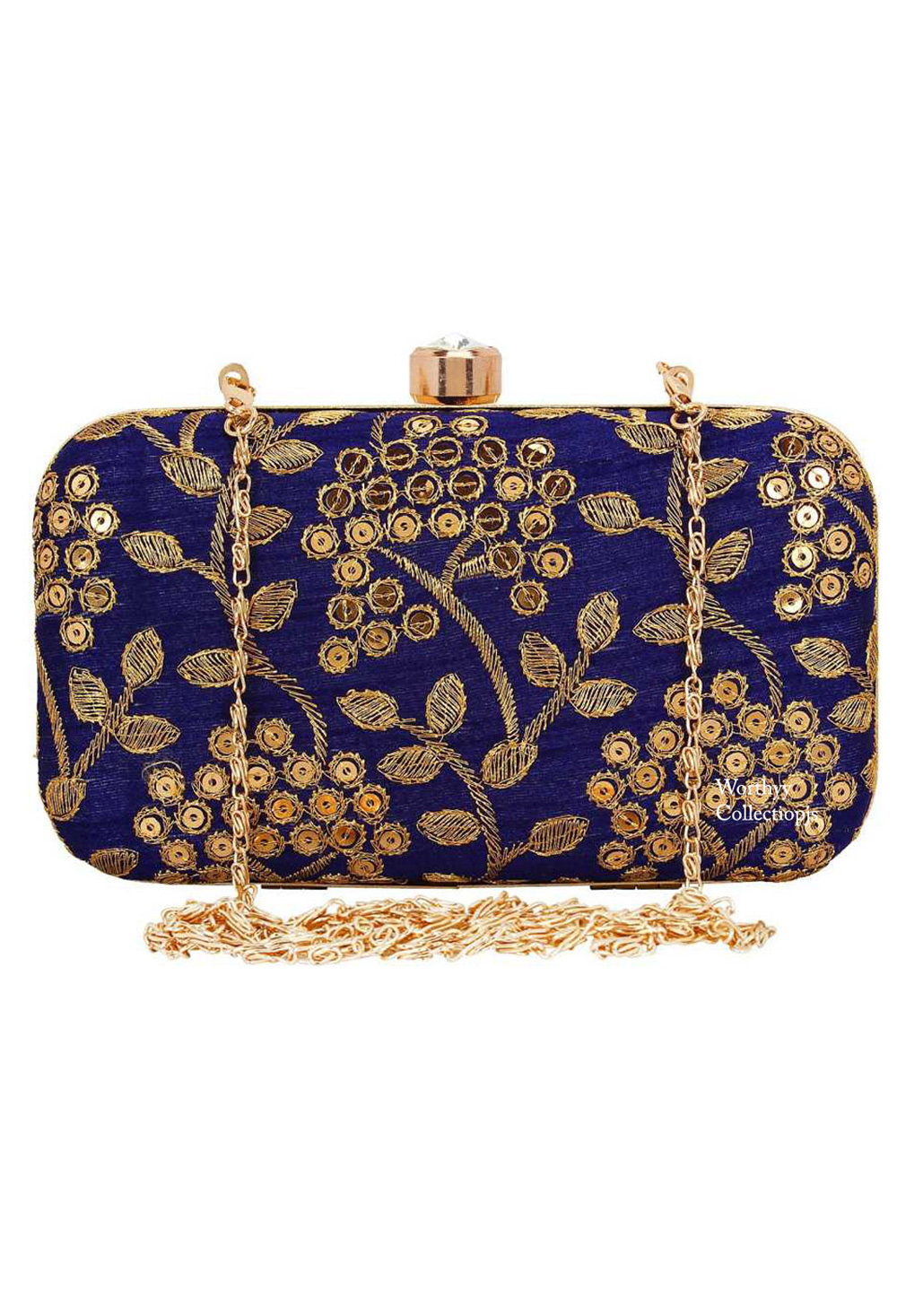 Blue Synthetic Embroidered Clutch 225821