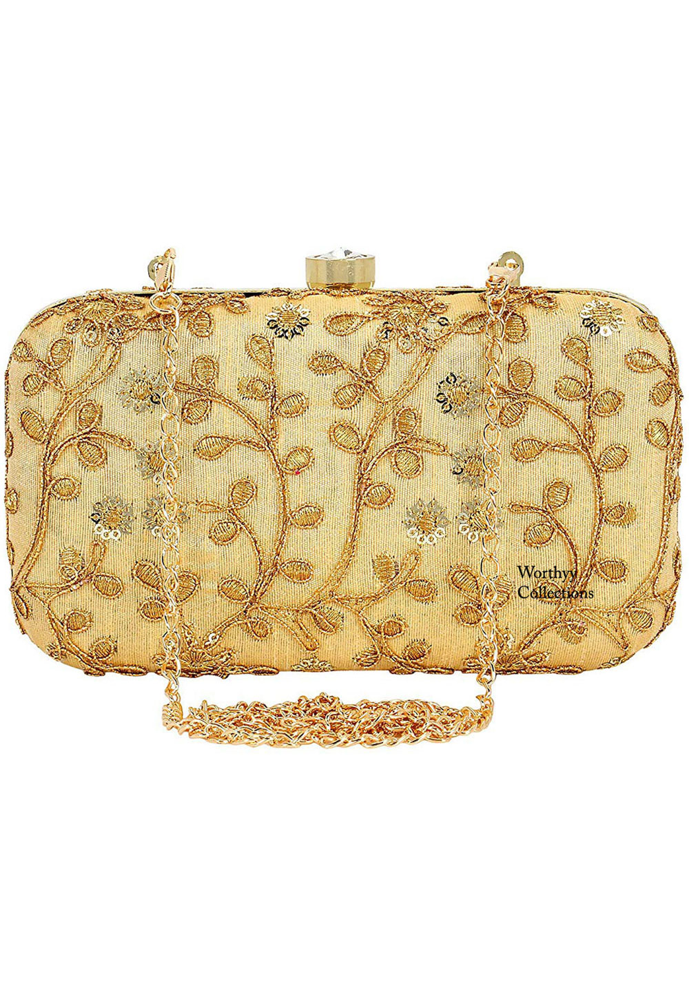 Golden Synthetic Embroidered Clutch 225822