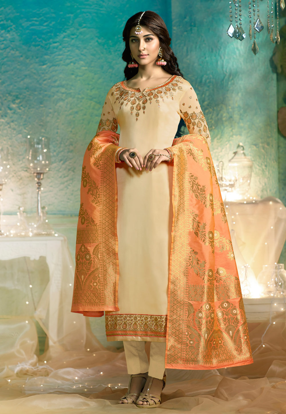 Cream Satin Pakistani Style Suit 154708