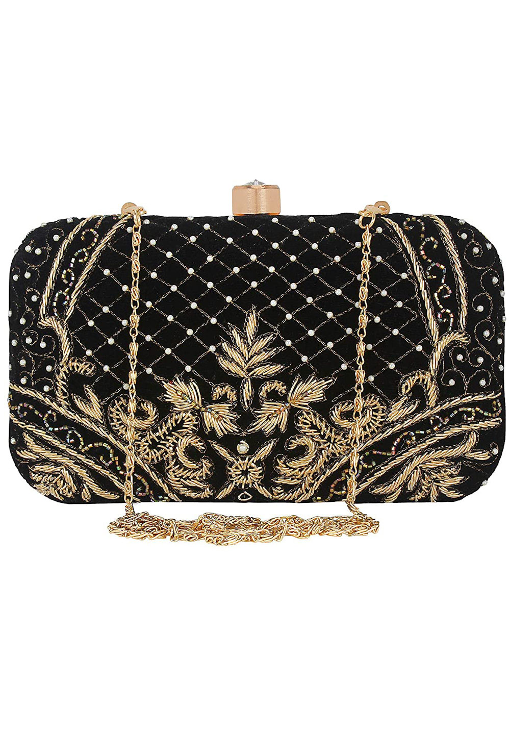 Black Synthetic Embroidered Clutch 225830