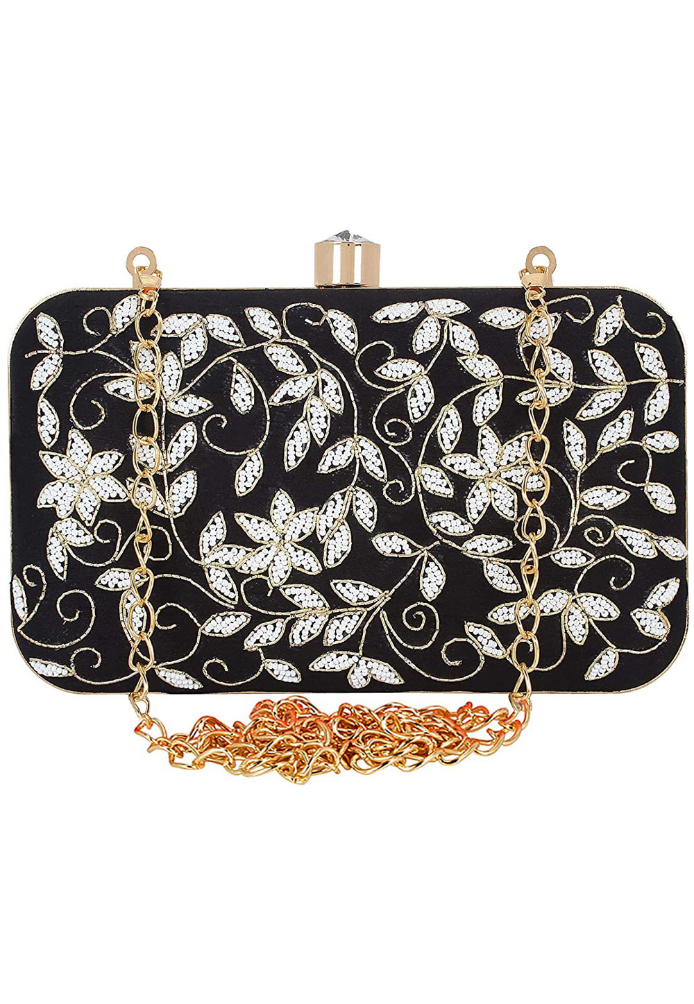 Black Synthetic Embroidered Clutch 225831