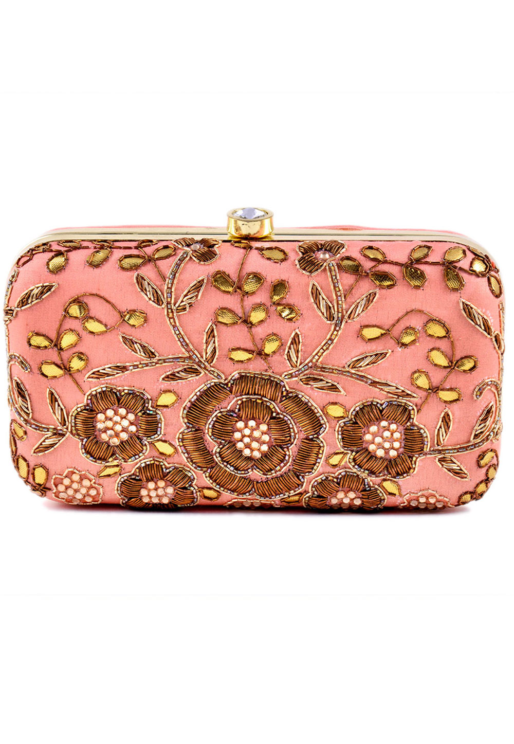 Peach Synthetic Embroidered Clutch 225834