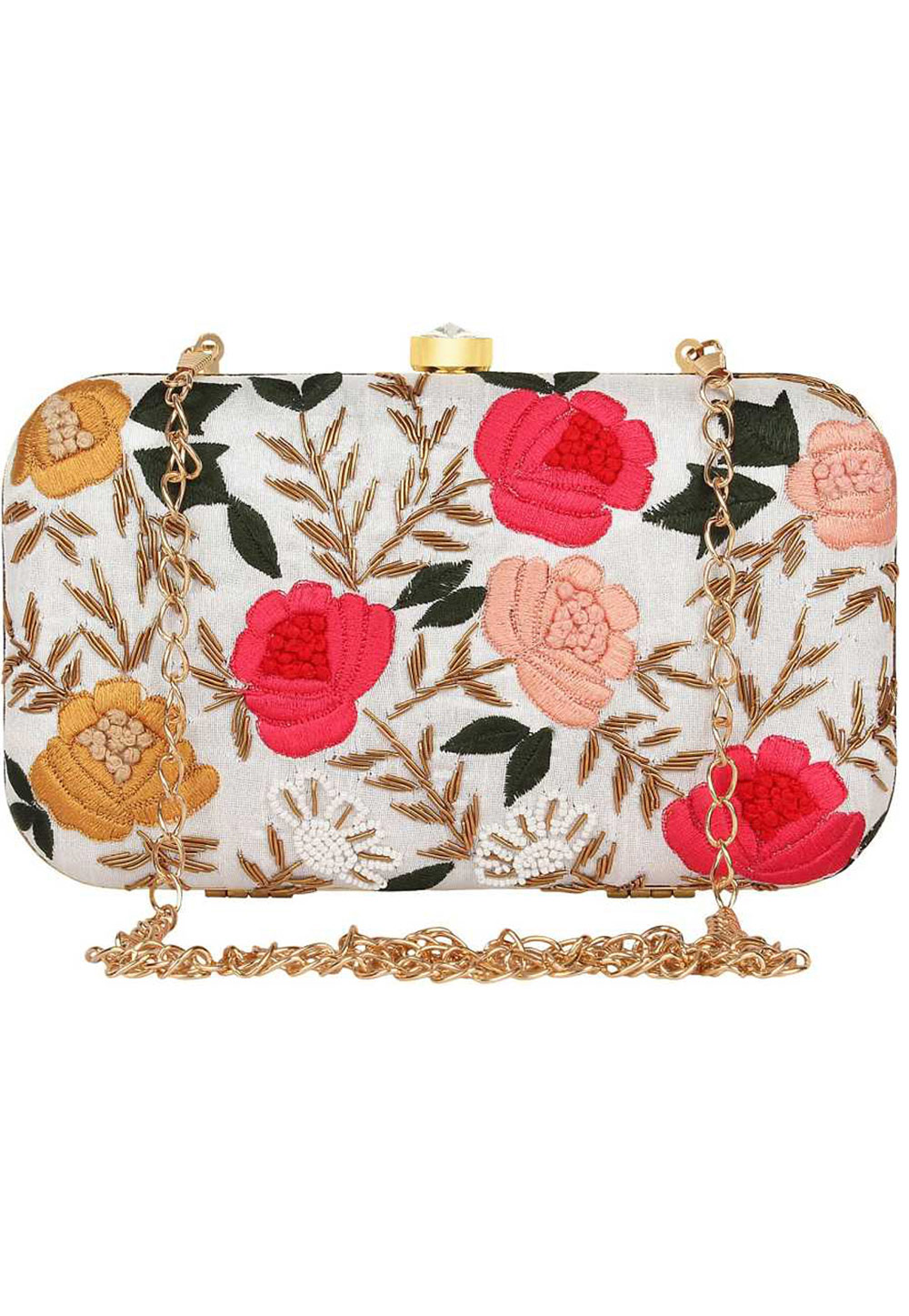Off White Synthetic Embroidered Clutch 225837