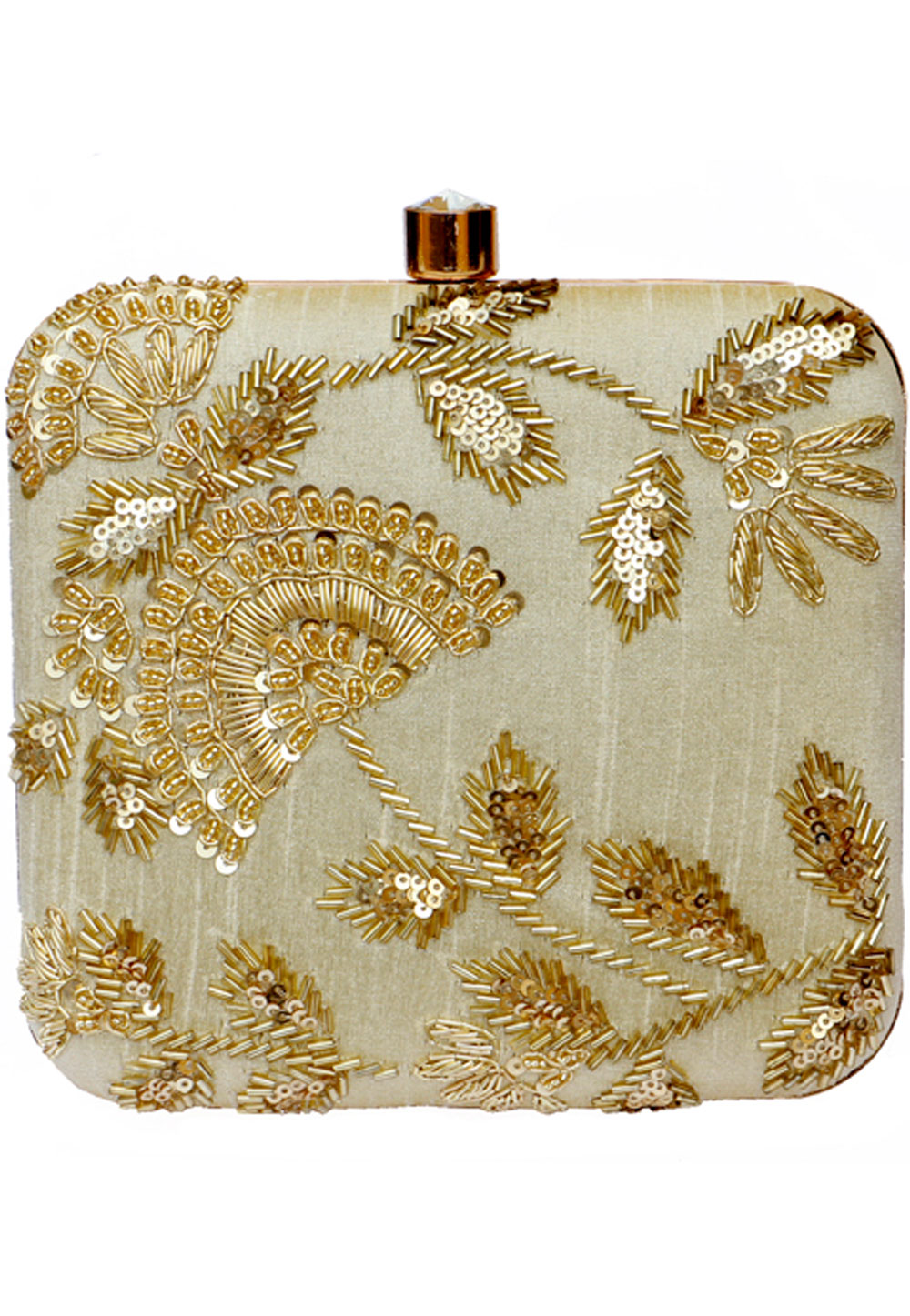 Beige Synthetic Embroidered Clutch 225838