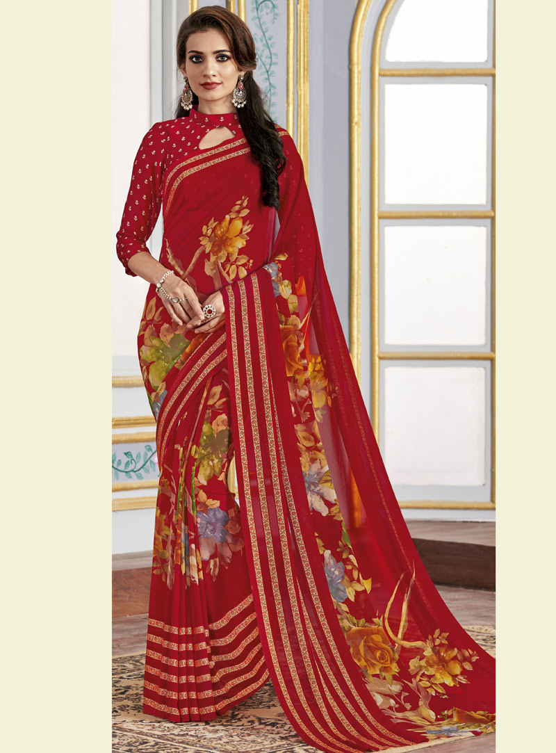 Red Georgette Casual Wear Saree 105984