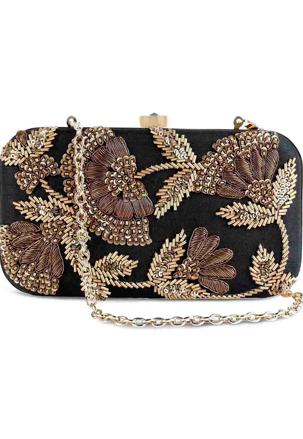 Black Synthetic Embroidered Clutch 225841