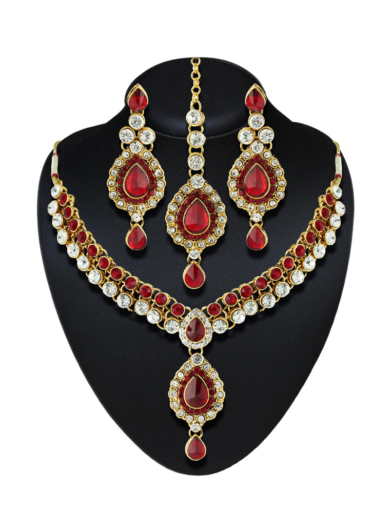 Red Austrian Diamonds Necklace With Earrings and Maang Tikka 88158