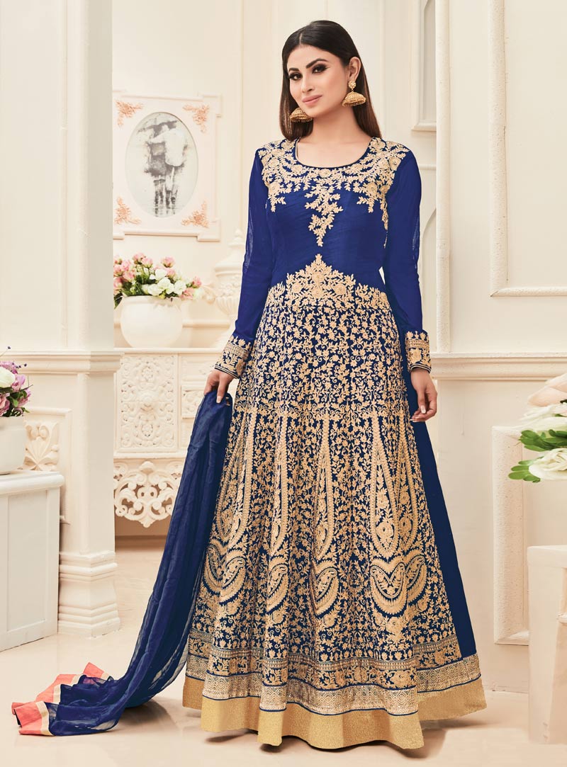Mouni Roy Blue Banarasi Silk Long Anarkali Suit 90646