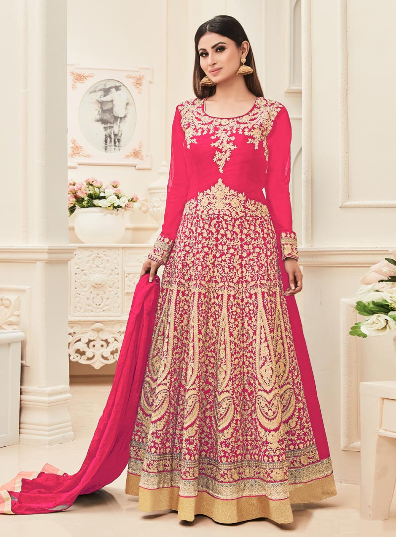 Mouni Roy Pink Banarasi Silk Anarkali Suit 90647