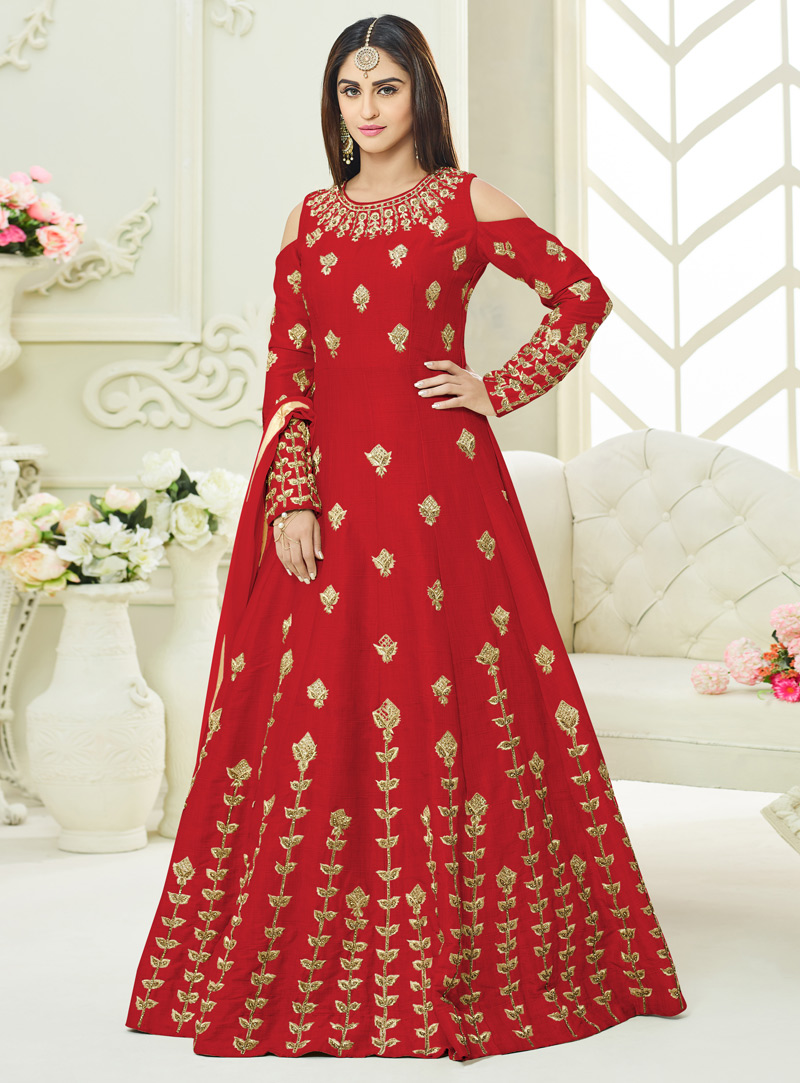 Krystle Dsouza Red Silk Long Anarkali Suit 95622