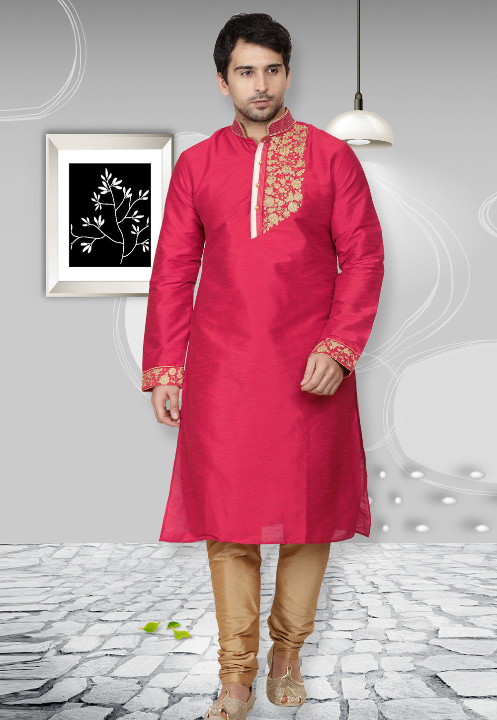 Pink Dupion Silk Readymade Kurta Pajama 204968