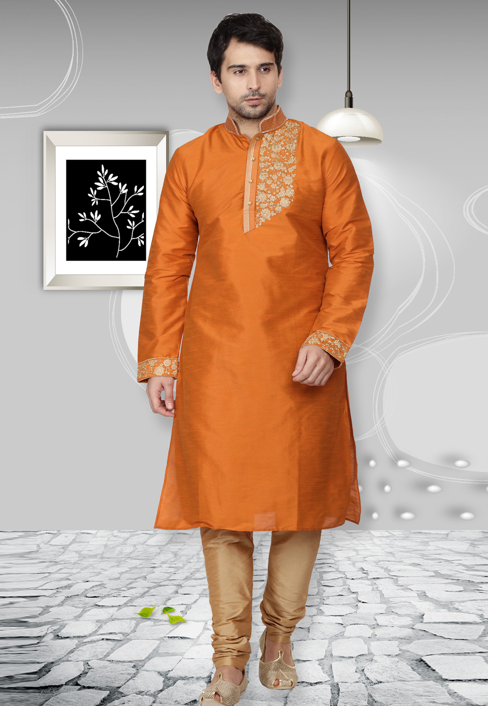Orange Dupion Silk Readymade Kurta Pajama 204971
