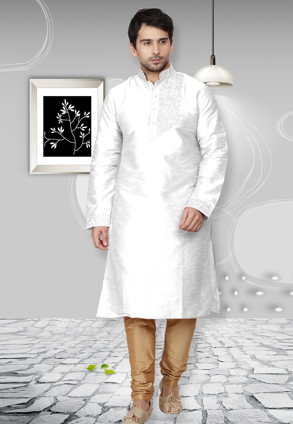 White Dupion Silk Readymade Kurta Pajama 204973