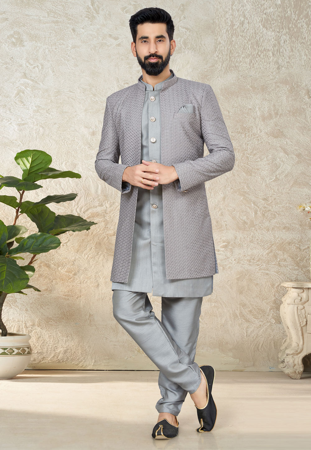 Grey Silk Indo Western Suit 267857