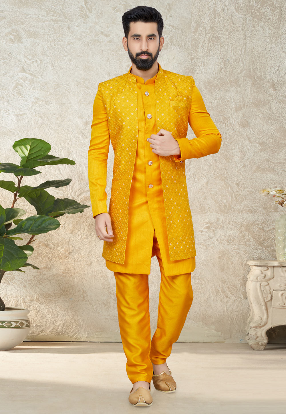 Fawn and Yellow colour Royal Indo Western Gown – Panache Haute Couture