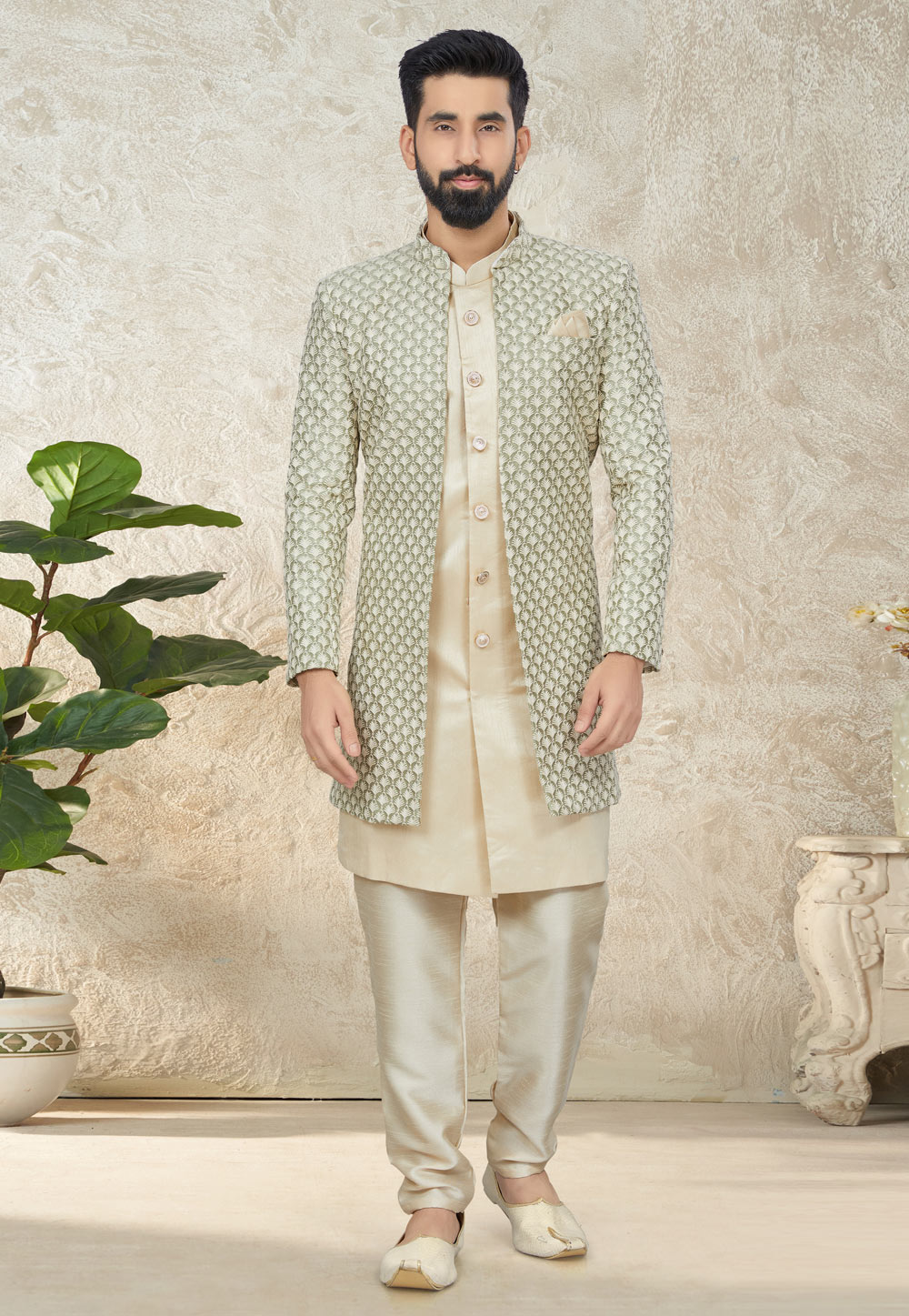Beige Silk Indo Western Suit 267859
