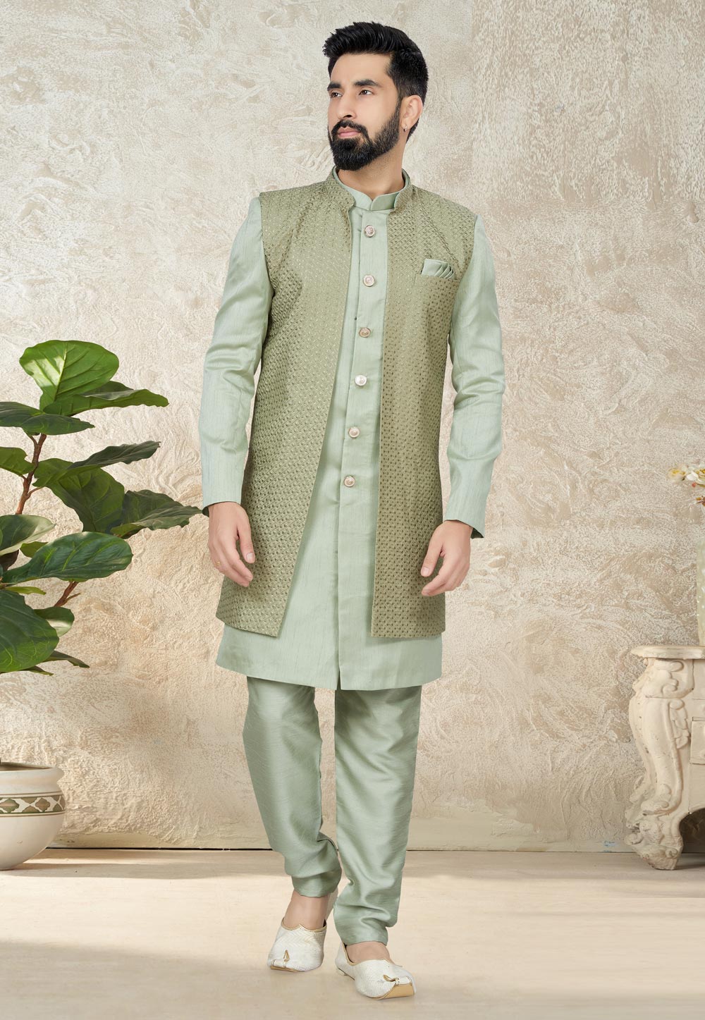 Sea Green Silk Indo Western Suit 267860