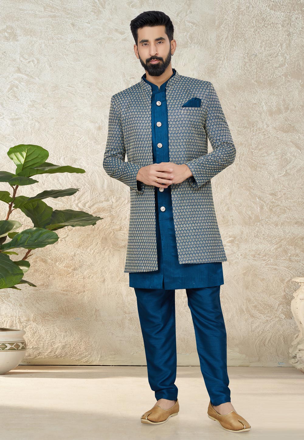 Navy Blue Silk Indo Western Suit 267861