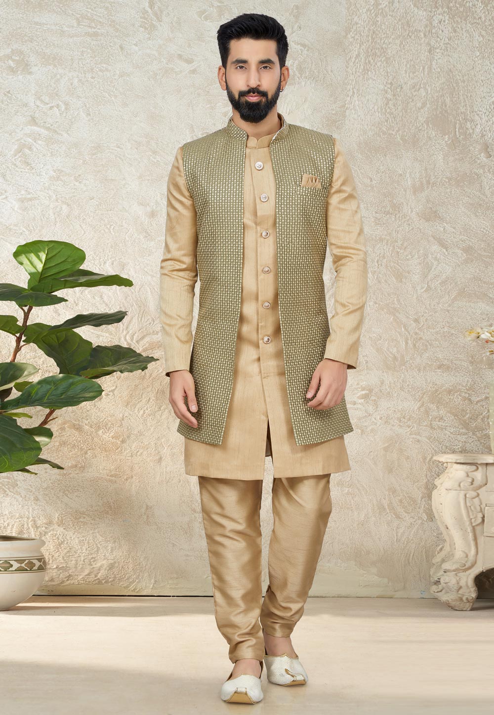 Beige Silk Indo Western Suit 267863