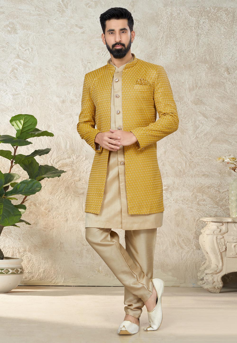 Beige Silk Indo Western Suit 267865