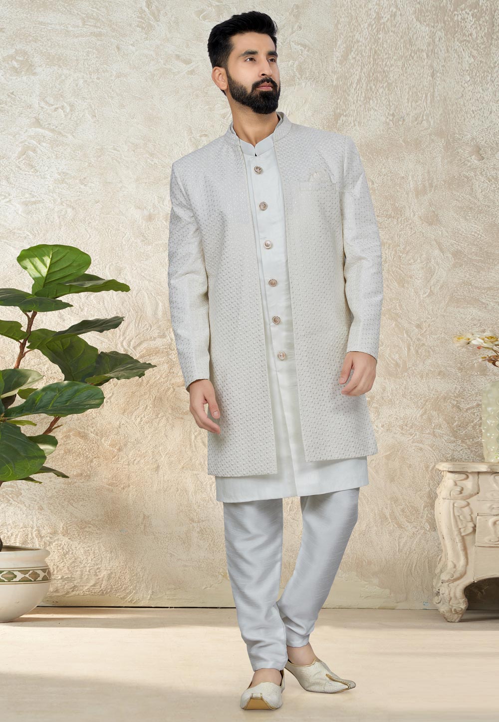 Off White Silk Indo Western Suit 267866