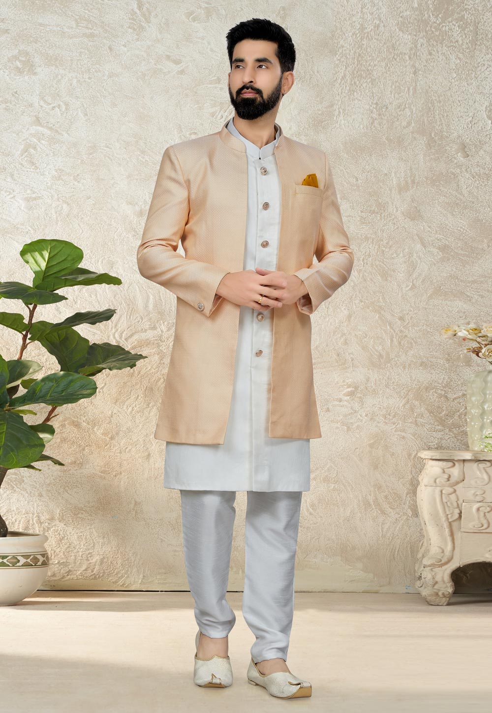 Off White Silk Indo Western Suit 267867