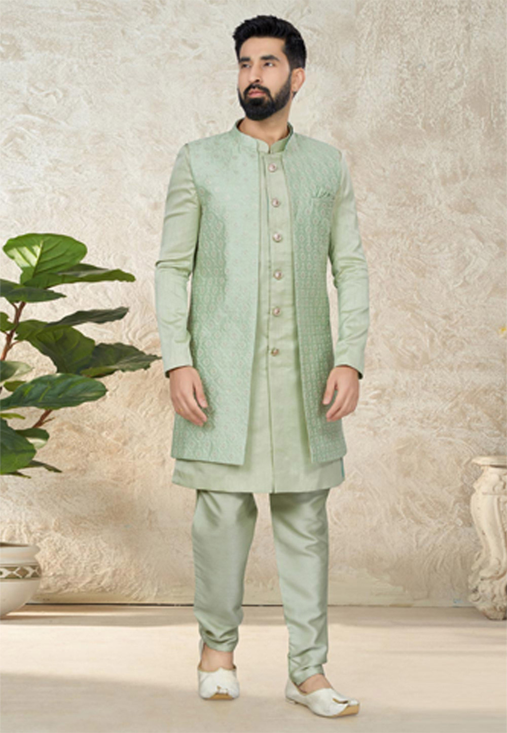 Pista Green Silk Indo Western Suit 267869
