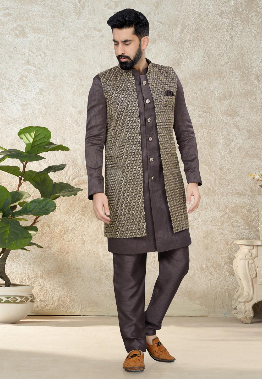 Brown Silk Indo Western Suit 267870