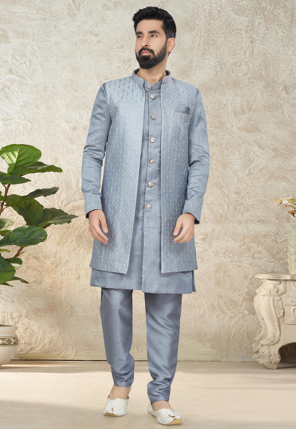 Grey Silk Indo Western Suit 267871