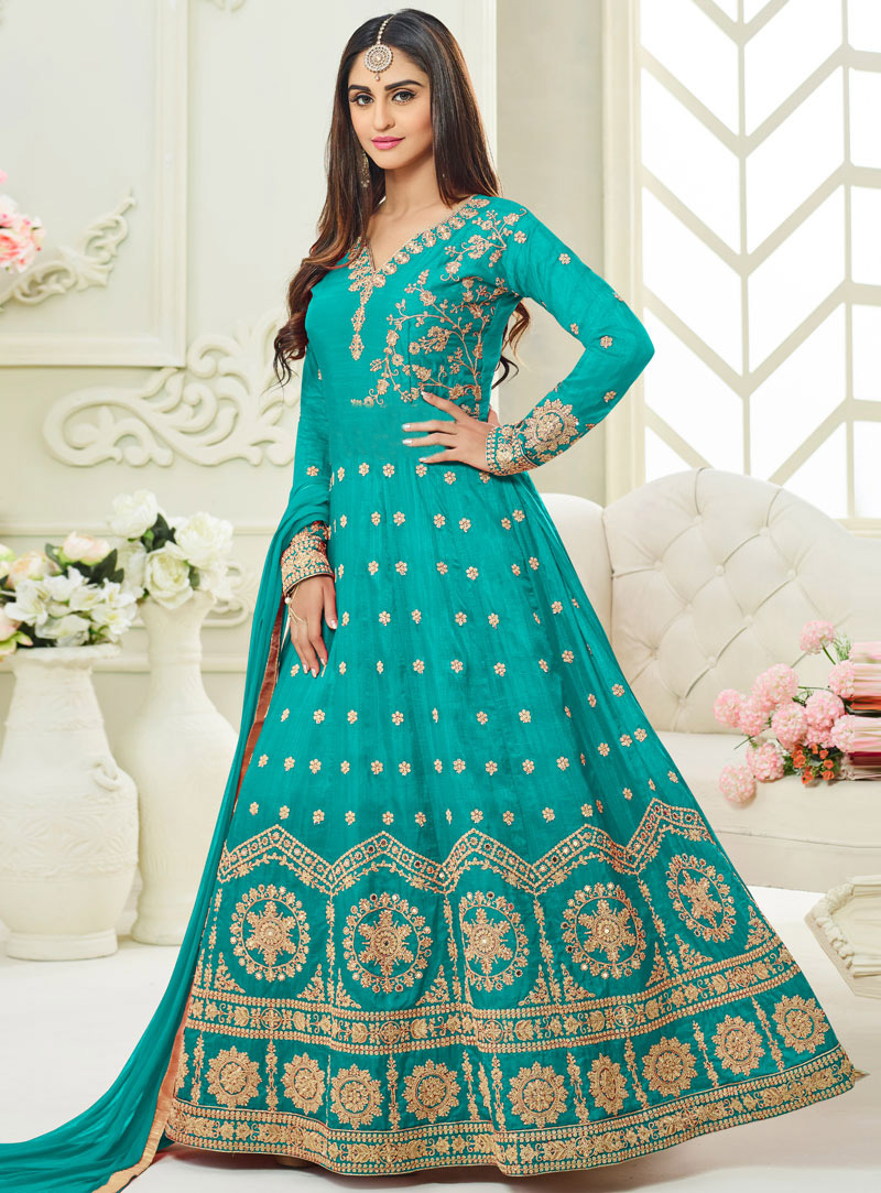 Krystle Dsouza Turquoise Silk Long Anarkali Suit 99342