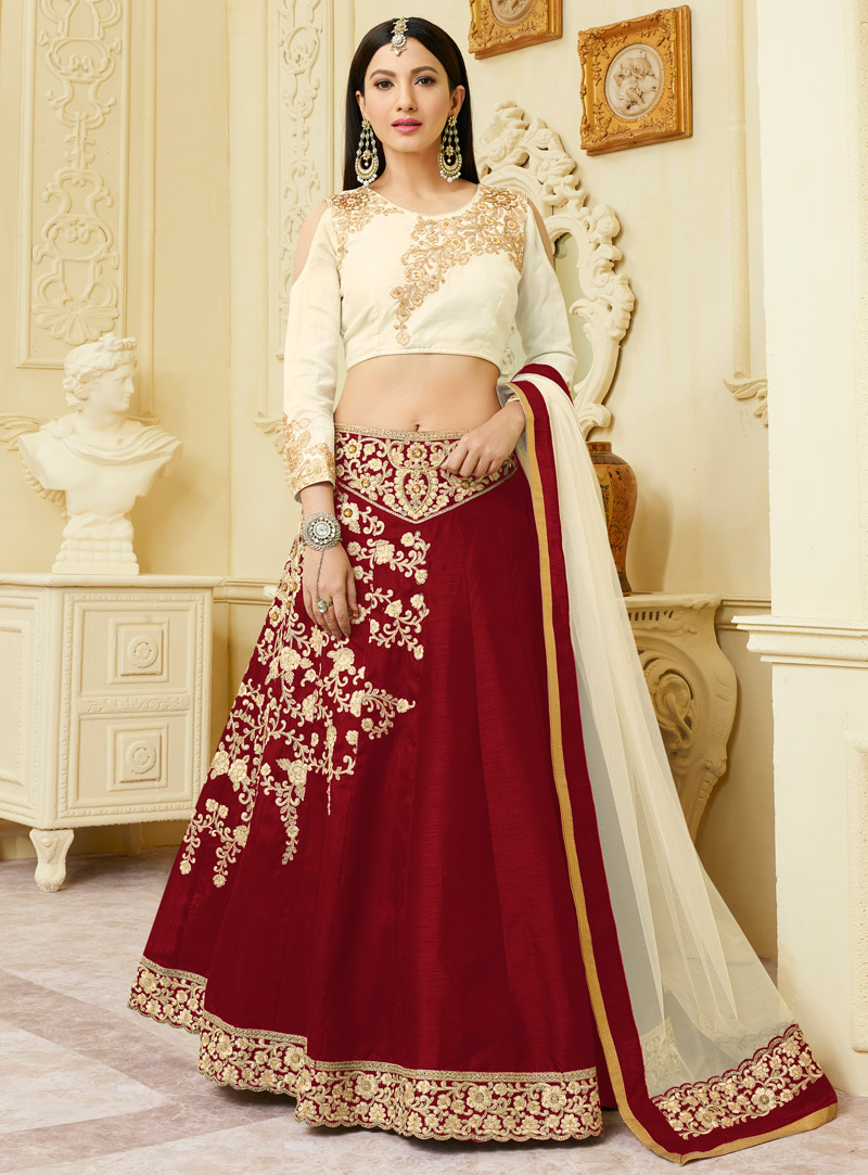 Gauhar Khan Red Silk Readymade A Line Lehenga With Cold Shoulder Sleeves 107769
