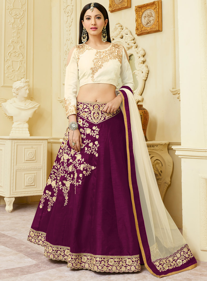 Gauhar Khan Purple Silk Readymade A Line Lehenga With Cold Shoulder Sleeves 107771