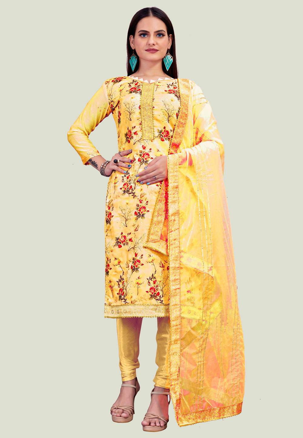 Yellow Chanderi Churidar Suit 238364