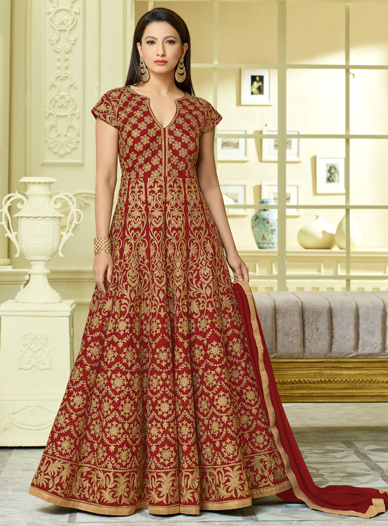 Gauhar Khan Red Taffeta Silk Floor Length Anarkali Suit 117380