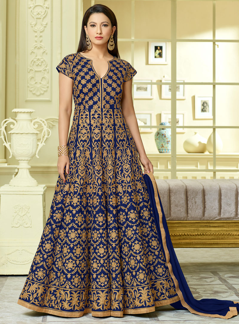 Gauhar Khan Royal Blue Taffeta Silk Floor Length Anarkali Suit 117382