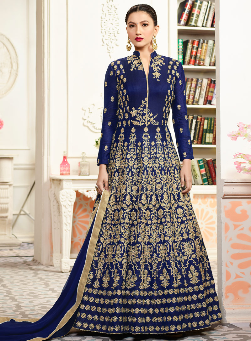 Gauhar Khan Navy Blue Taffeta Silk Ankle Length Anarkali Suit 117384