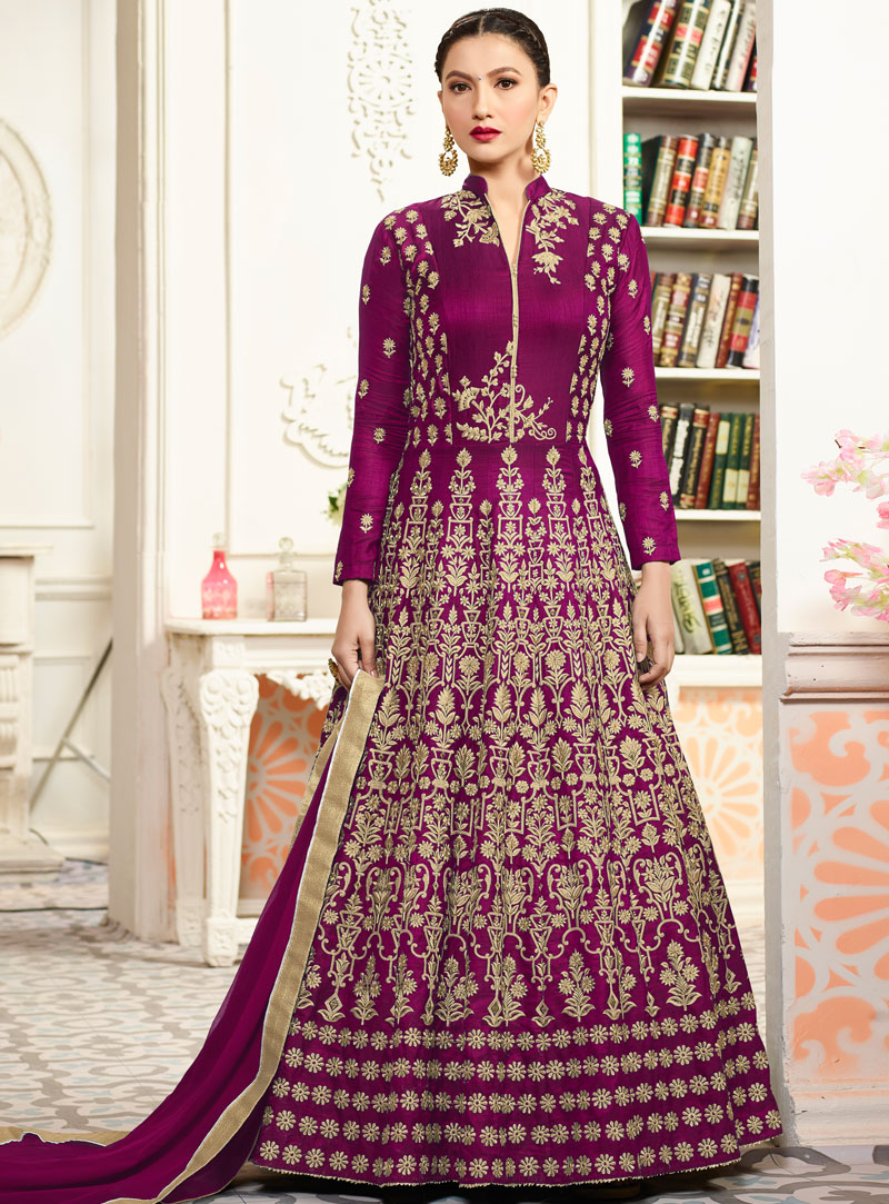 Gauhar Khan Purple Taffeta Silk Long Anarkali Suit 117385