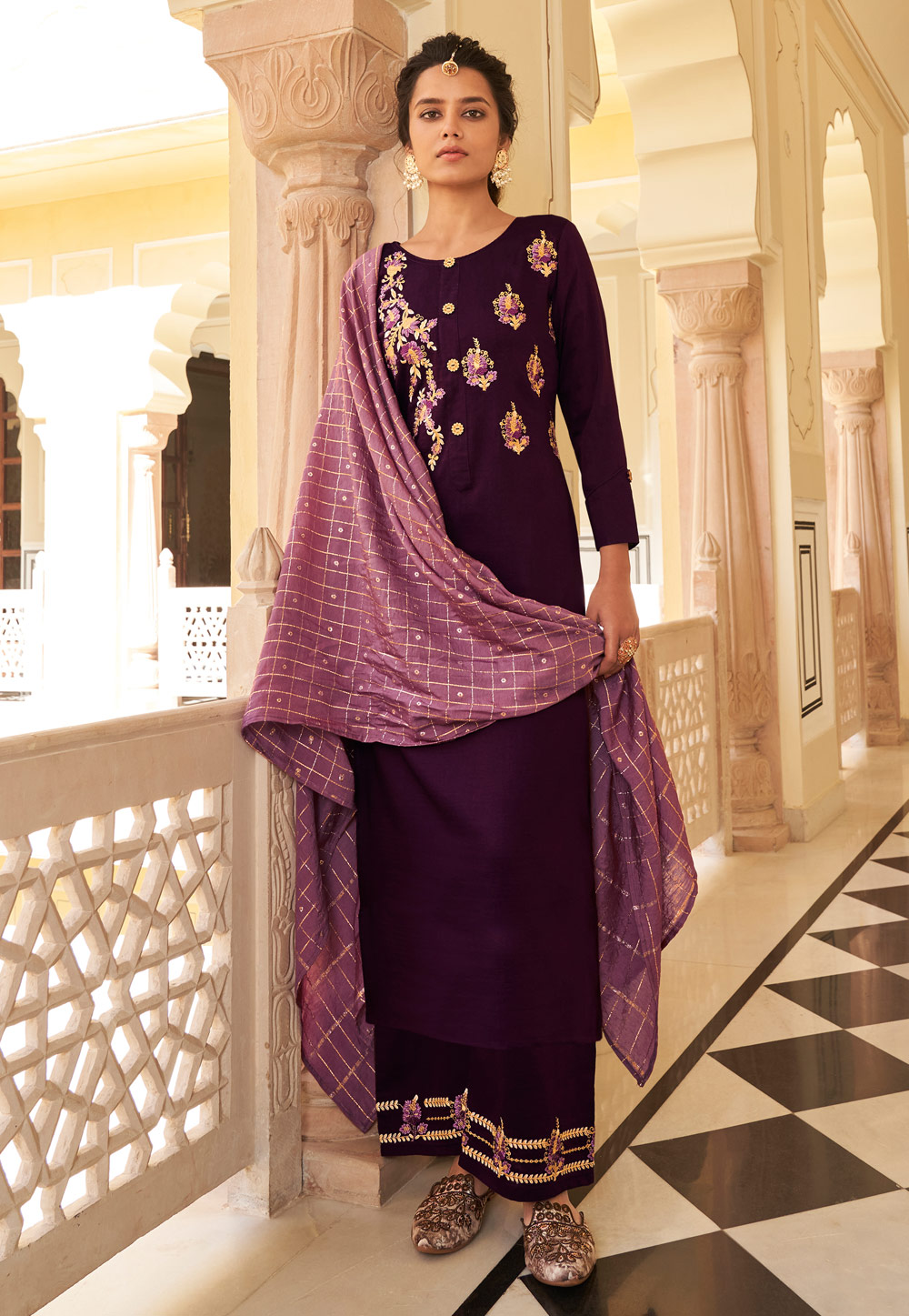 Purple Viscose Readymade Palazzo Suit 227365