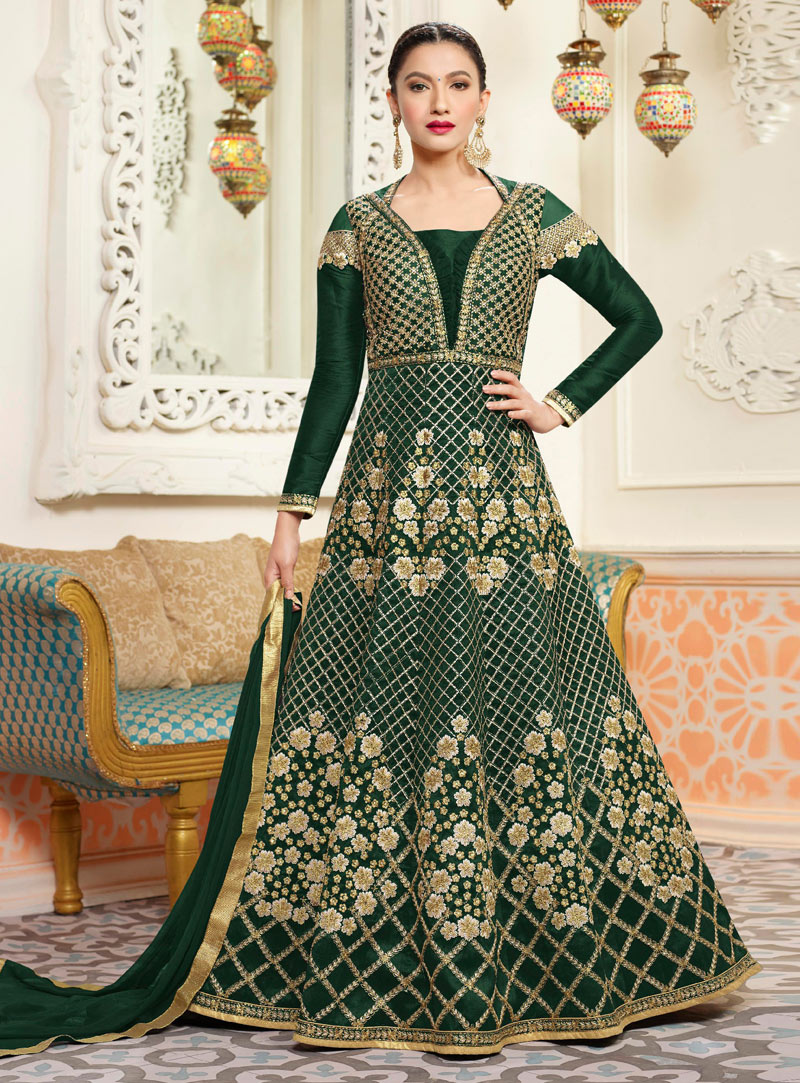 Gauhar Khan Green Silk Long Anarkali Suit 122986