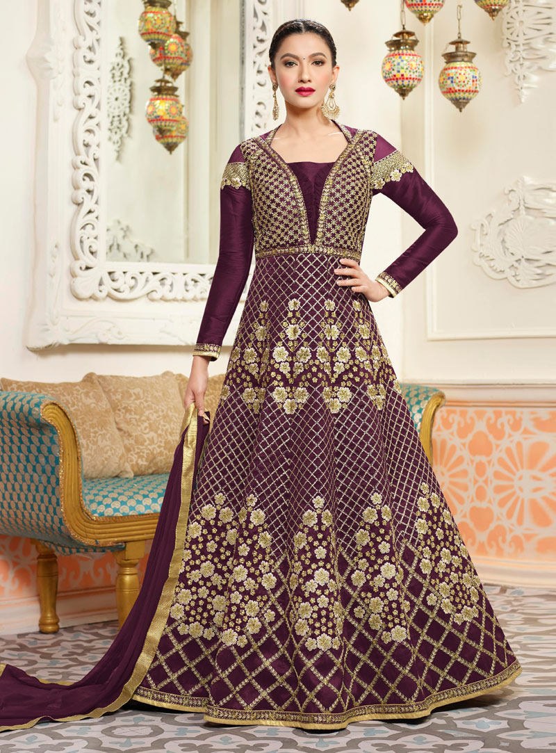 Gauhar Khan Purple Silk Floor Length Anarkali Suit 122987