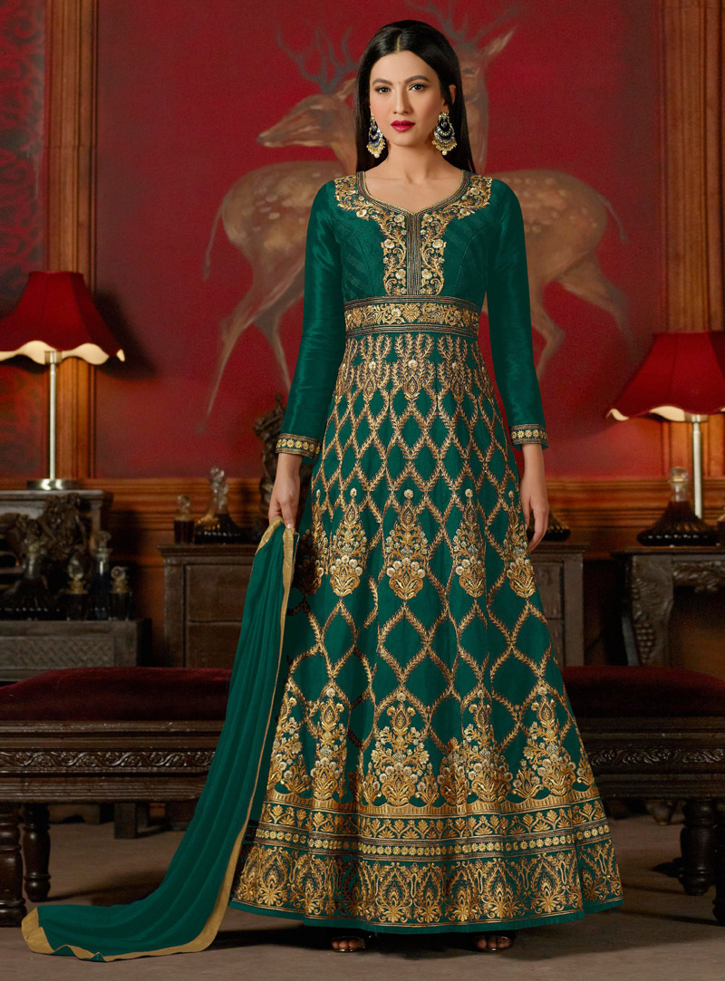 Gauhar Khan Green Silk Long Anarkali Suit 122990