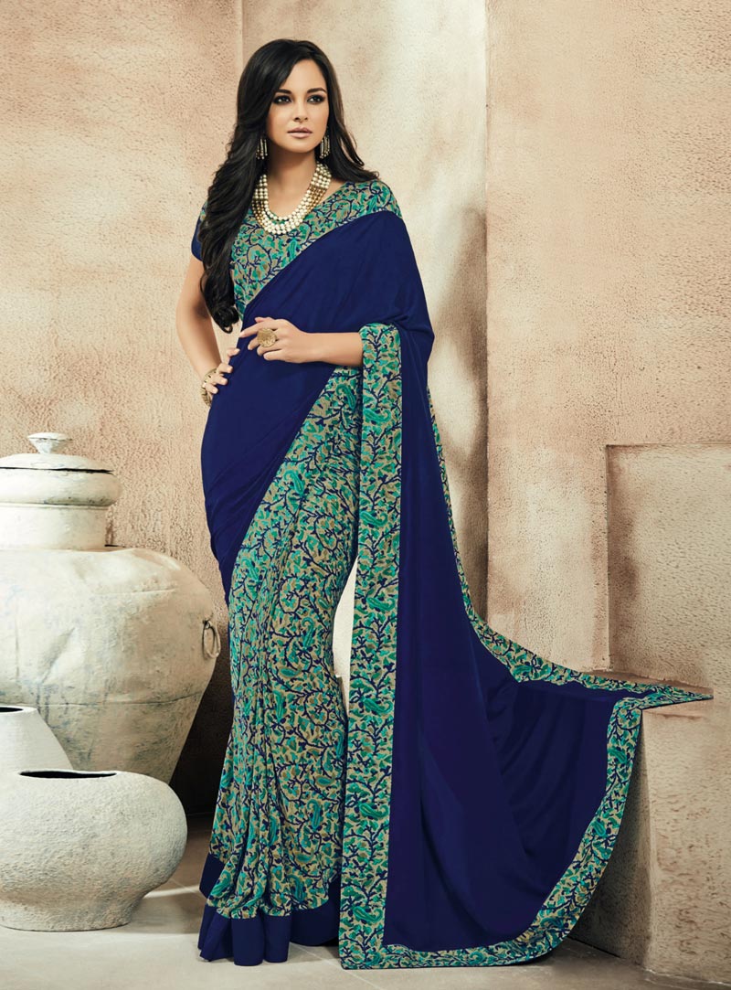 Navy Blue Crepe Printed Saree With Blouse 82675