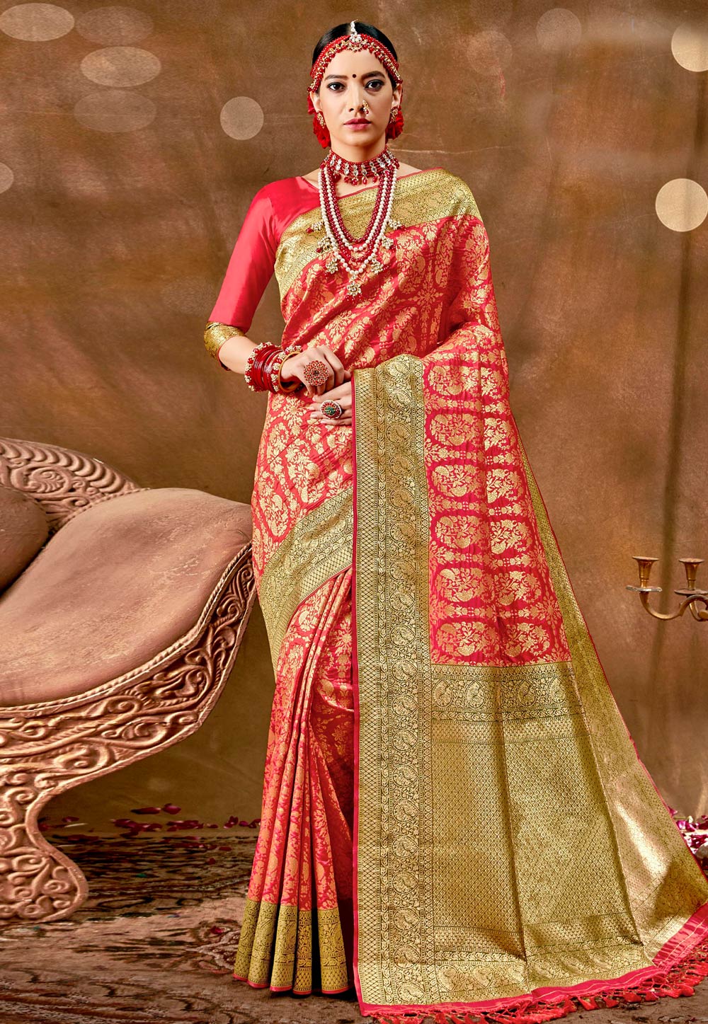 Red Banarasi Silk Saree With Blouse 226198